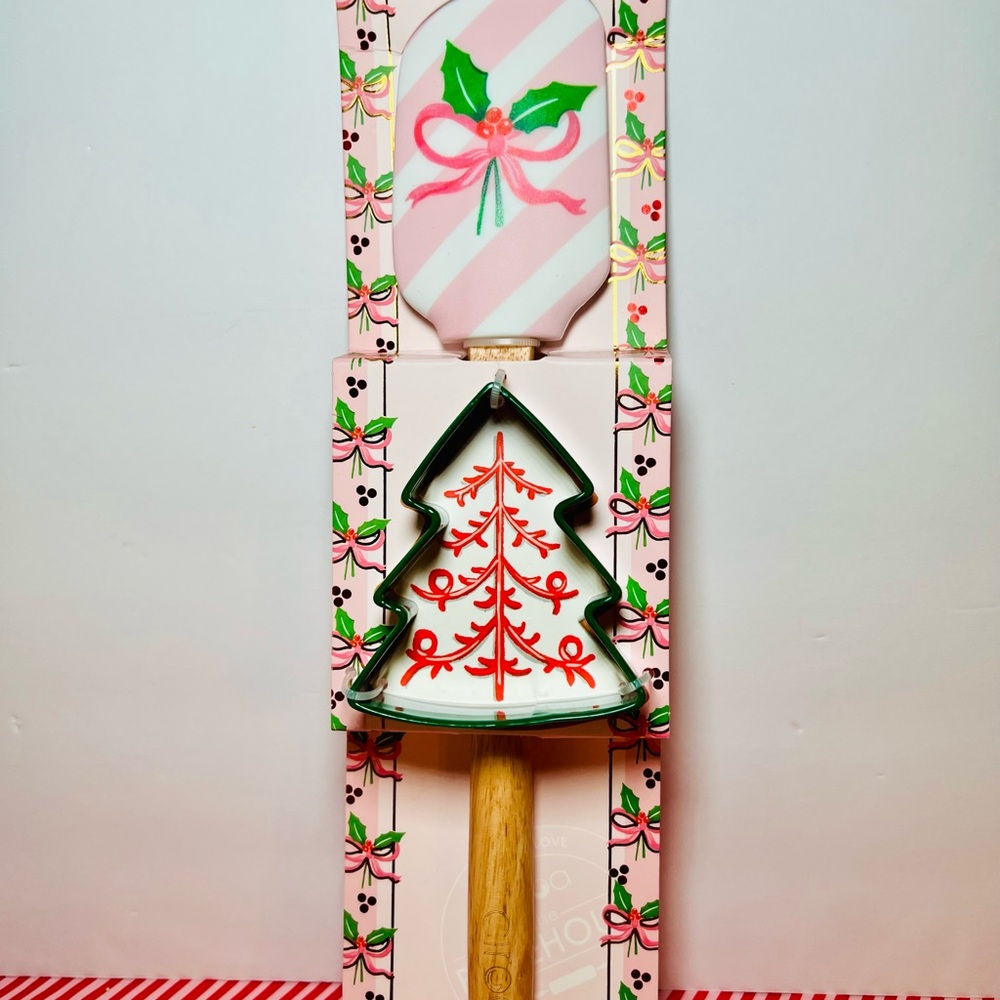 Christmas Pink Stripes & Bow Silicone Spatula & Holiday Tree Cookie Cutter Holly